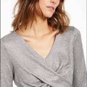 NWT INC Silver V Neck Ribbed Front Gathering Large Shirt